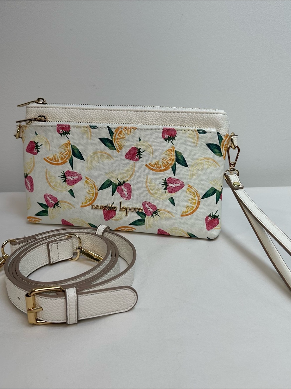 Nanette Lepore White Citrus & Strawberry Print Wristlet with Detachable Strap